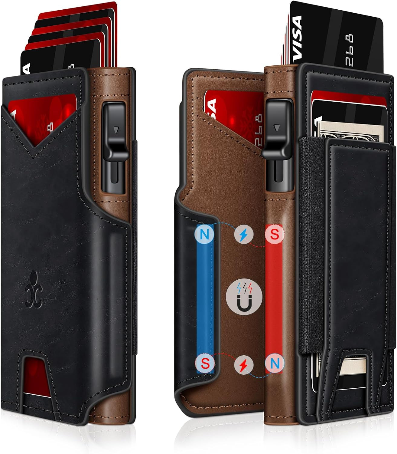 Men’s Slim Pop Up Wallet - RFID Blocking Minimalist Smart Wallet with ID Window, Metal Card Holder Case for 9-13 Cards, Expandable Cash Slot & Magnetic Bifold