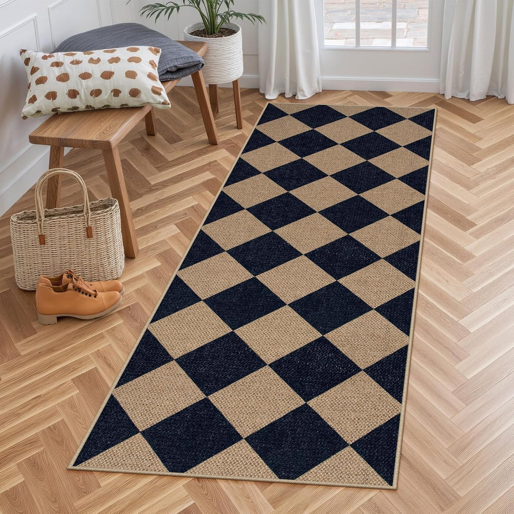Checkered 2x6 Runner Rug - Washable Black Checkerboard Kitchen Mat, Non-Slip Indoor Outdoor Hallway Carpet, Low Pile Entryway Rug for Laundry & Mudroom