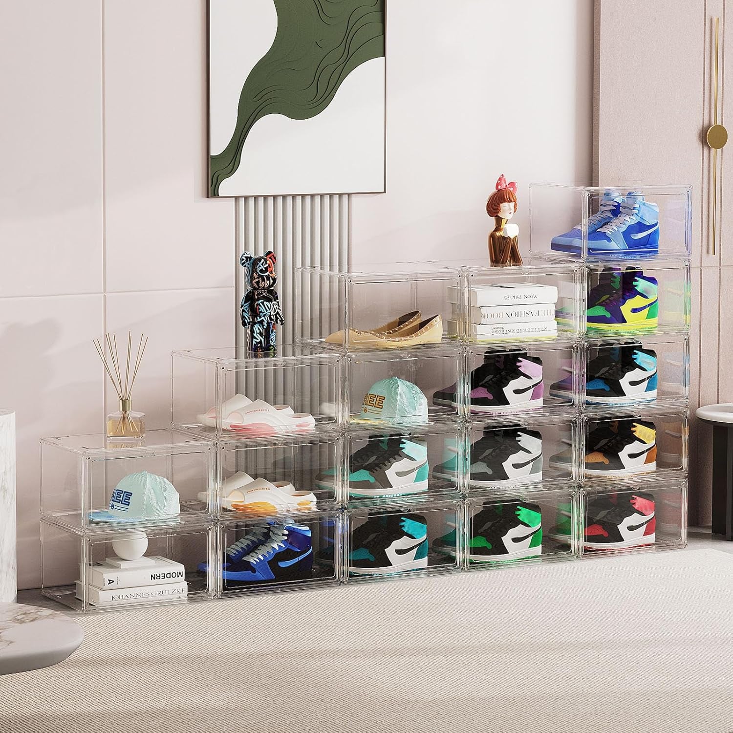 Stackable Acrylic Shoe Display Case - Clear Sneaker Storage Box with Magnetic Door, Fits Size 14 High Tops & Heels, 360° View Dustproof Closet Organizer (1-Pack)