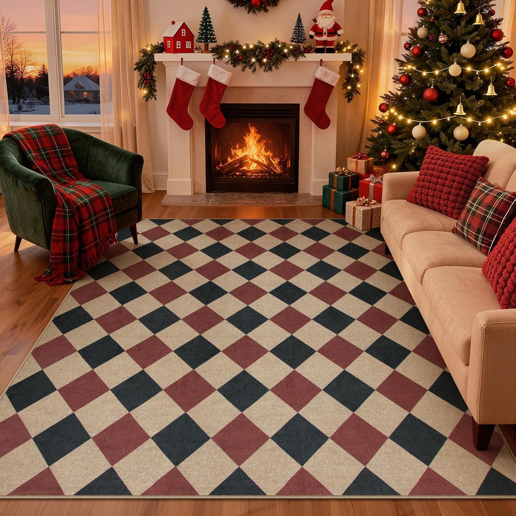 Checkered 2x6 Runner Rug - Washable Black Checkerboard Kitchen Mat, Non-Slip Indoor Outdoor Hallway Carpet, Low Pile Entryway Rug for Laundry & Mudroom