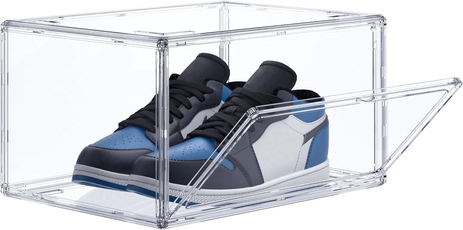 Stackable Acrylic Shoe Display Case - Clear Sneaker Storage Box with Magnetic Door, Fits Size 14 High Tops & Heels, 360° View Dustproof Closet Organizer (1-Pack)
