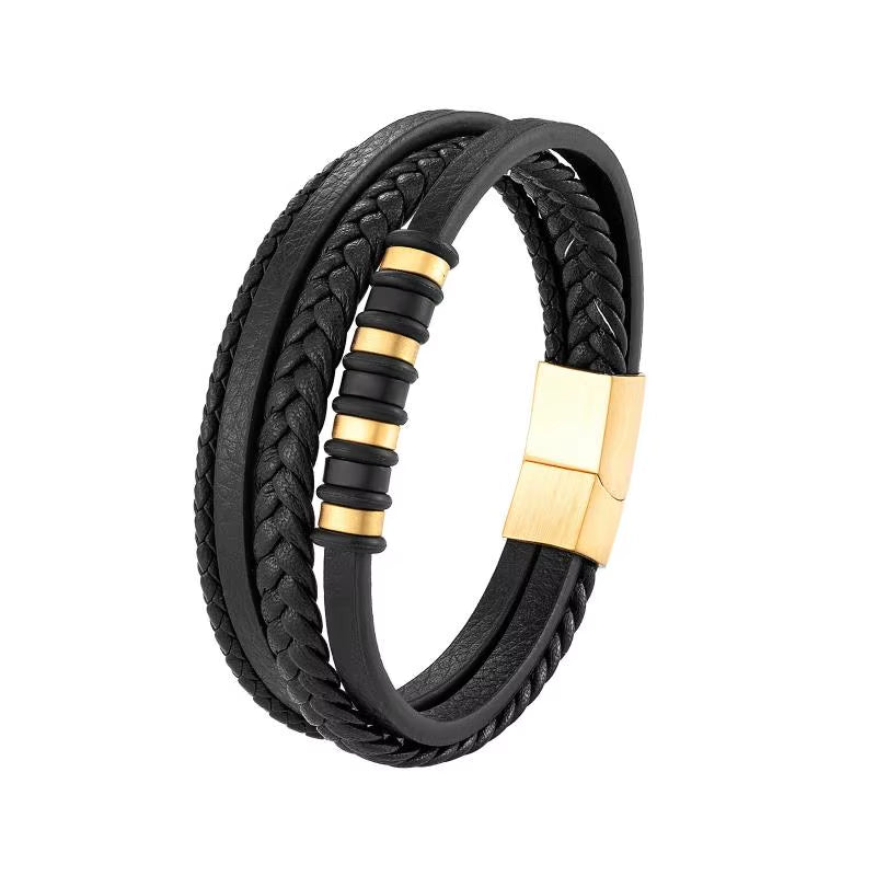 Men’s Classic Multilayer Leather Bracelet – Stylish Braided Wristband with Metal Magnetic Clasp | Fashion Accessory & Gift for Modern Gentlemen