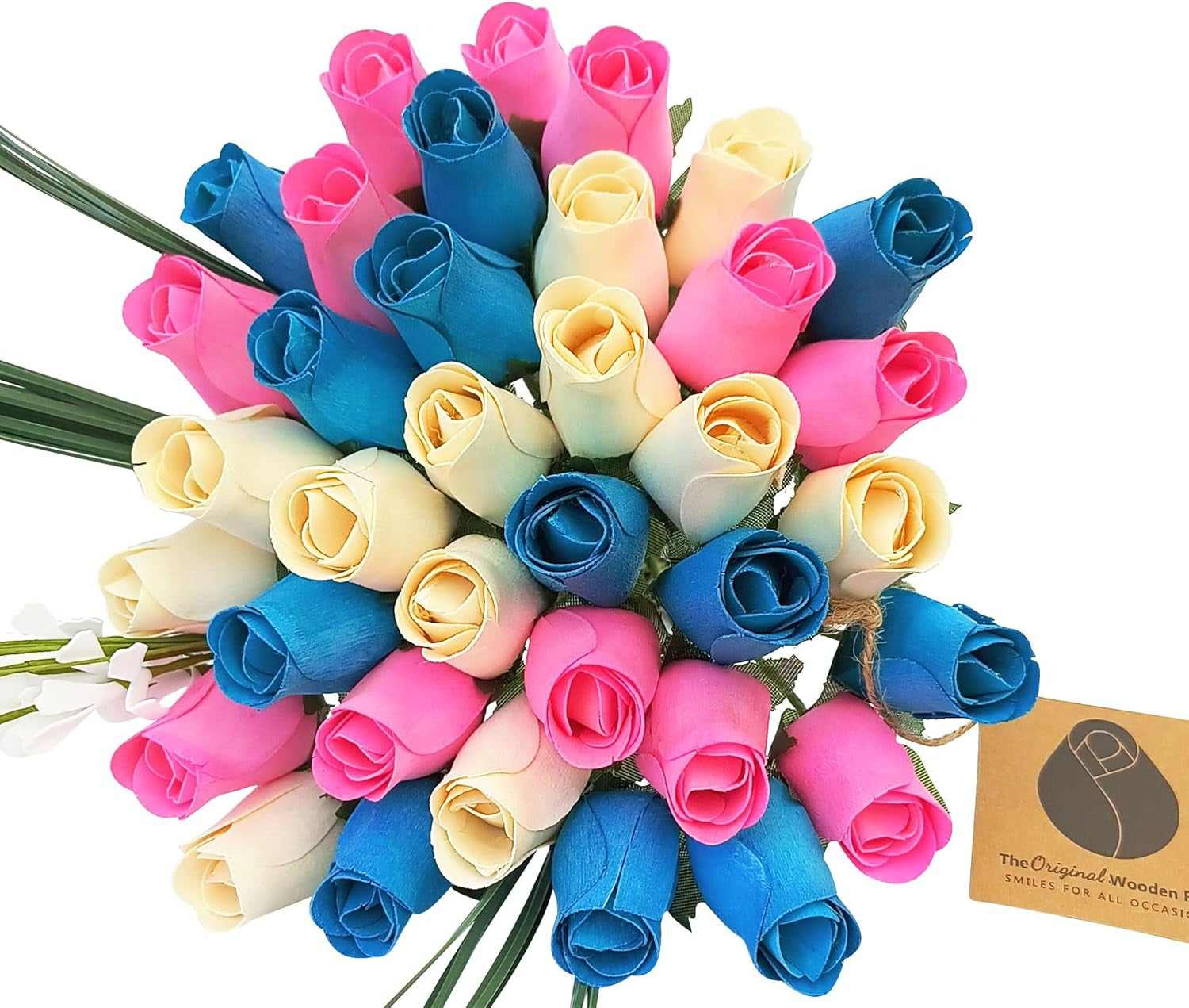 2 Dozen Gender Reveal Wooden Roses - Pink, Blue & White Closed Bud Bouquet, Everlasting Artificial Flowers for Baby Shower Decor & Centerpieces, Hand-Assembled