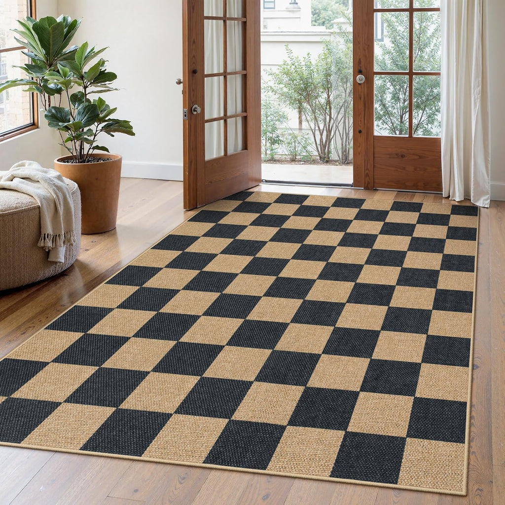 Checkered 2x6 Runner Rug - Washable Black Checkerboard Kitchen Mat, Non-Slip Indoor Outdoor Hallway Carpet, Low Pile Entryway Rug for Laundry & Mudroom