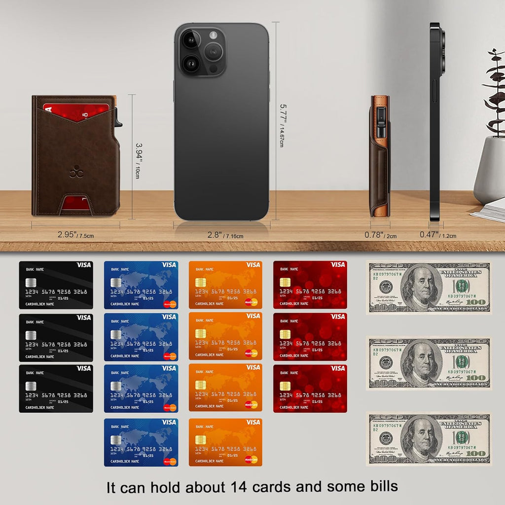 Men’s Slim Pop Up Wallet - RFID Blocking Minimalist Smart Wallet with ID Window, Metal Card Holder Case for 9-13 Cards, Expandable Cash Slot & Magnetic Bifold