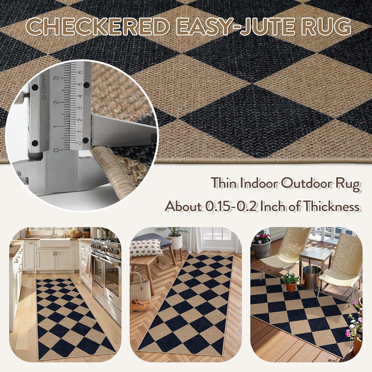 Checkered 2x6 Runner Rug - Washable Black Checkerboard Kitchen Mat, Non-Slip Indoor Outdoor Hallway Carpet, Low Pile Entryway Rug for Laundry & Mudroom