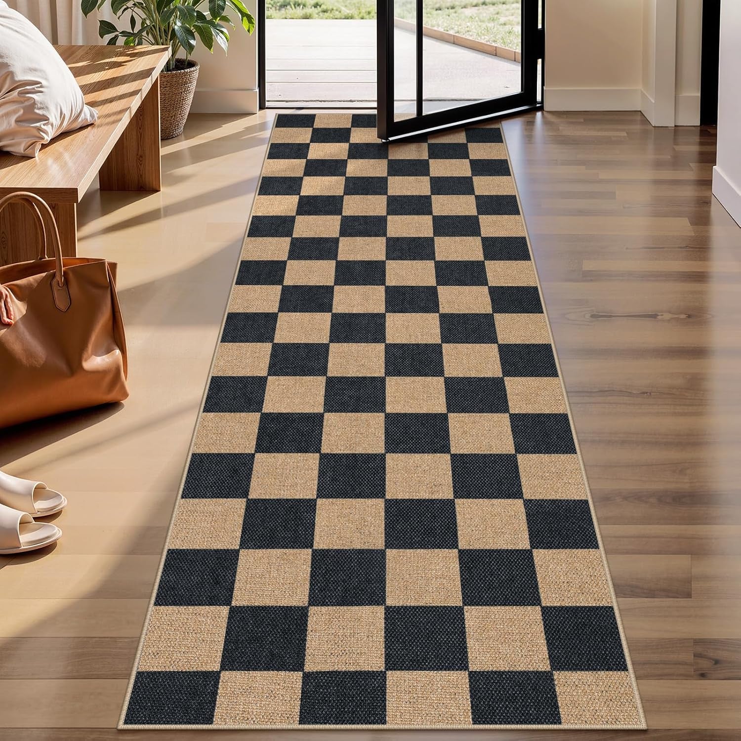 Checkered 2x6 Runner Rug - Washable Black Checkerboard Kitchen Mat, Non-Slip Indoor Outdoor Hallway Carpet, Low Pile Entryway Rug for Laundry & Mudroom