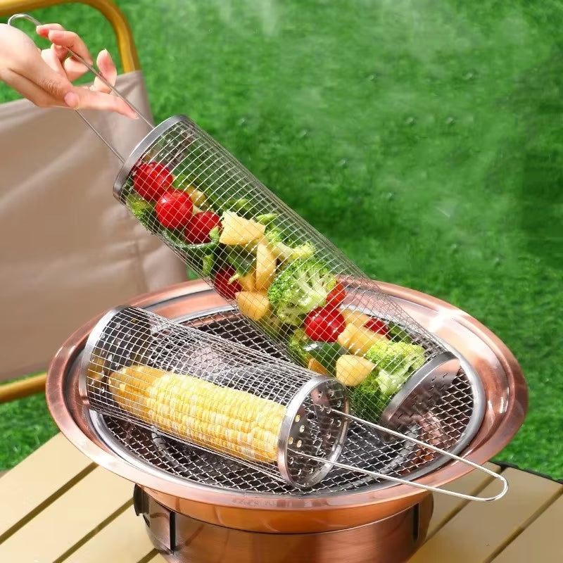 Portable Stainless Steel BBQ Grill Basket – Rolling Campfire Barbecue Cage for Outdoor Cooking, Camping, Picnic & Backyard BBQ