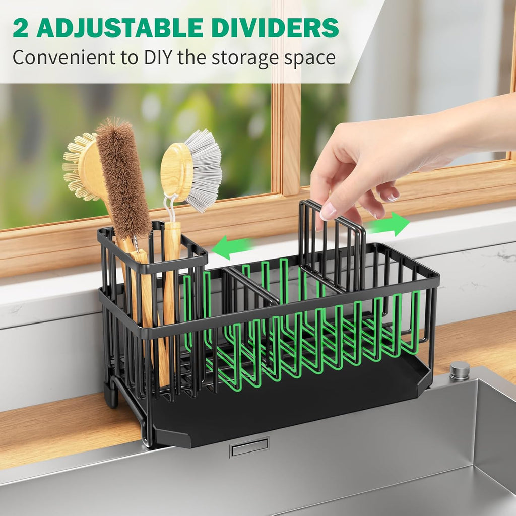 Extra Large 11” Sink Caddy with Drain Tray, Non-Slip Kitchen Sink Organizer with Adjustable Dividers & Tall Brush Holder, Rustproof Sponge & Soap Storage