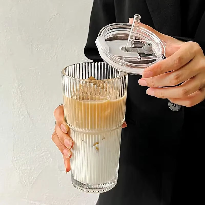 600ML Ribbed Glass Coffee Cup with Lid & Straw – Aesthetic Iced Coffee & Milk Tea Glass | Reusable Transparent Drinking Mug for Home, Office & Travel