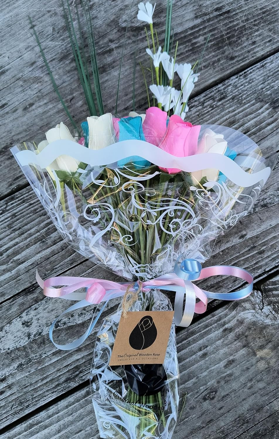 2 Dozen Gender Reveal Wooden Roses - Pink, Blue & White Closed Bud Bouquet, Everlasting Artificial Flowers for Baby Shower Decor & Centerpieces, Hand-Assembled