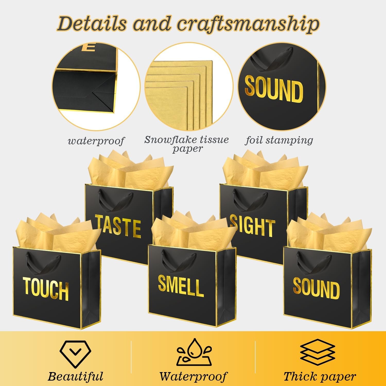 Large 5 Senses Gift Bag Set - Gold Foil Black Gift Boxes with Labels, Cards & Tissue Paper, Romantic Anniversary & Birthday Gift Idea for Him or Her, 12x10x4"