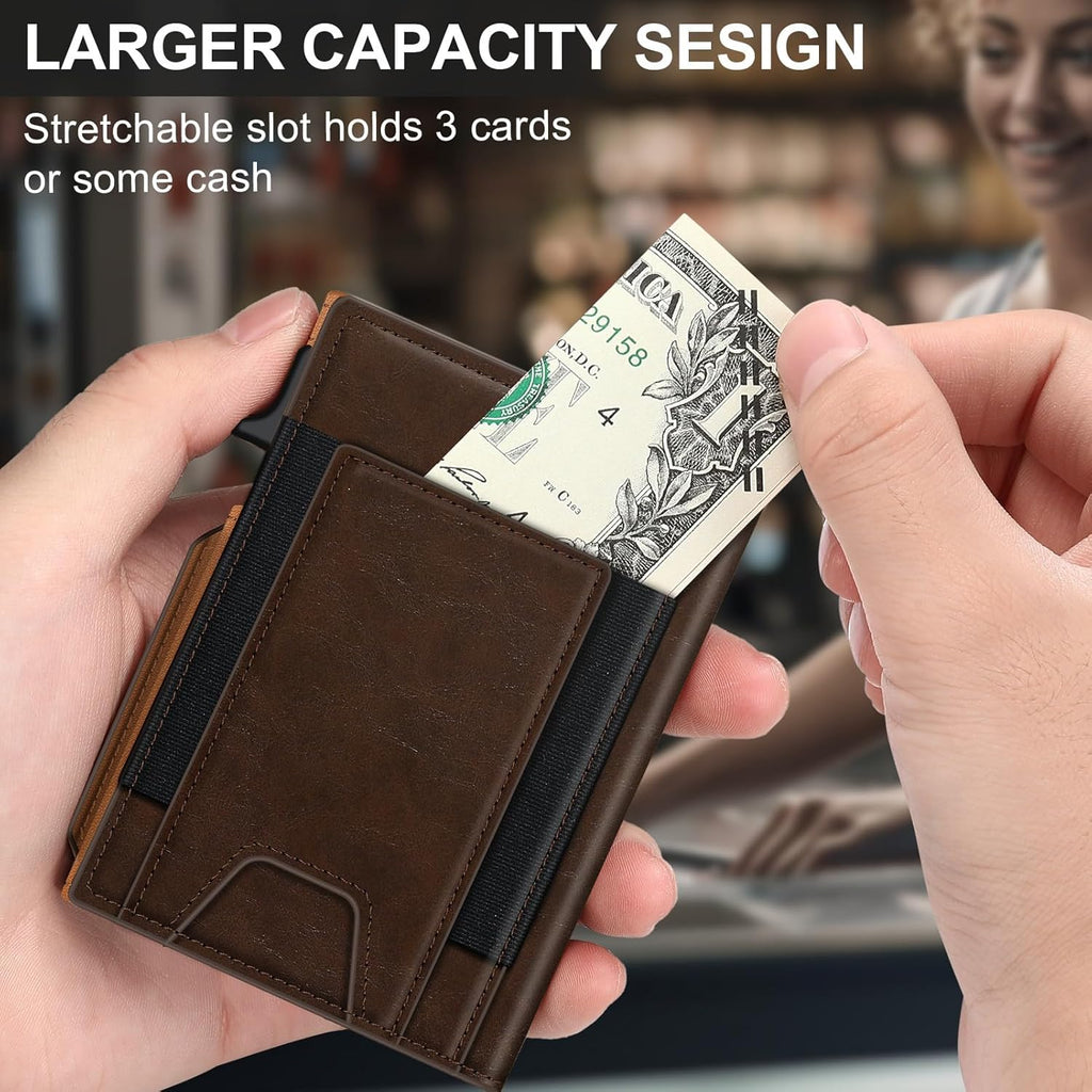 Men’s Slim Pop Up Wallet - RFID Blocking Minimalist Smart Wallet with ID Window, Metal Card Holder Case for 9-13 Cards, Expandable Cash Slot & Magnetic Bifold