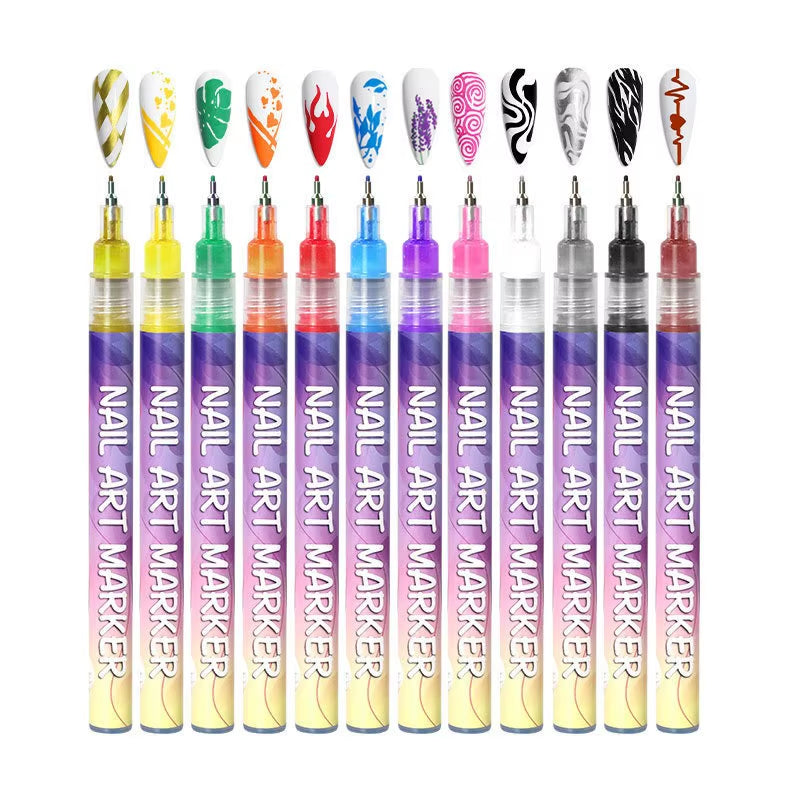 12-Pack Pro Nail Art Graffiti Pens | Quick-Dry, Waterproof Liner Brush Set for DIY Manicures & Salon Quality Designs
