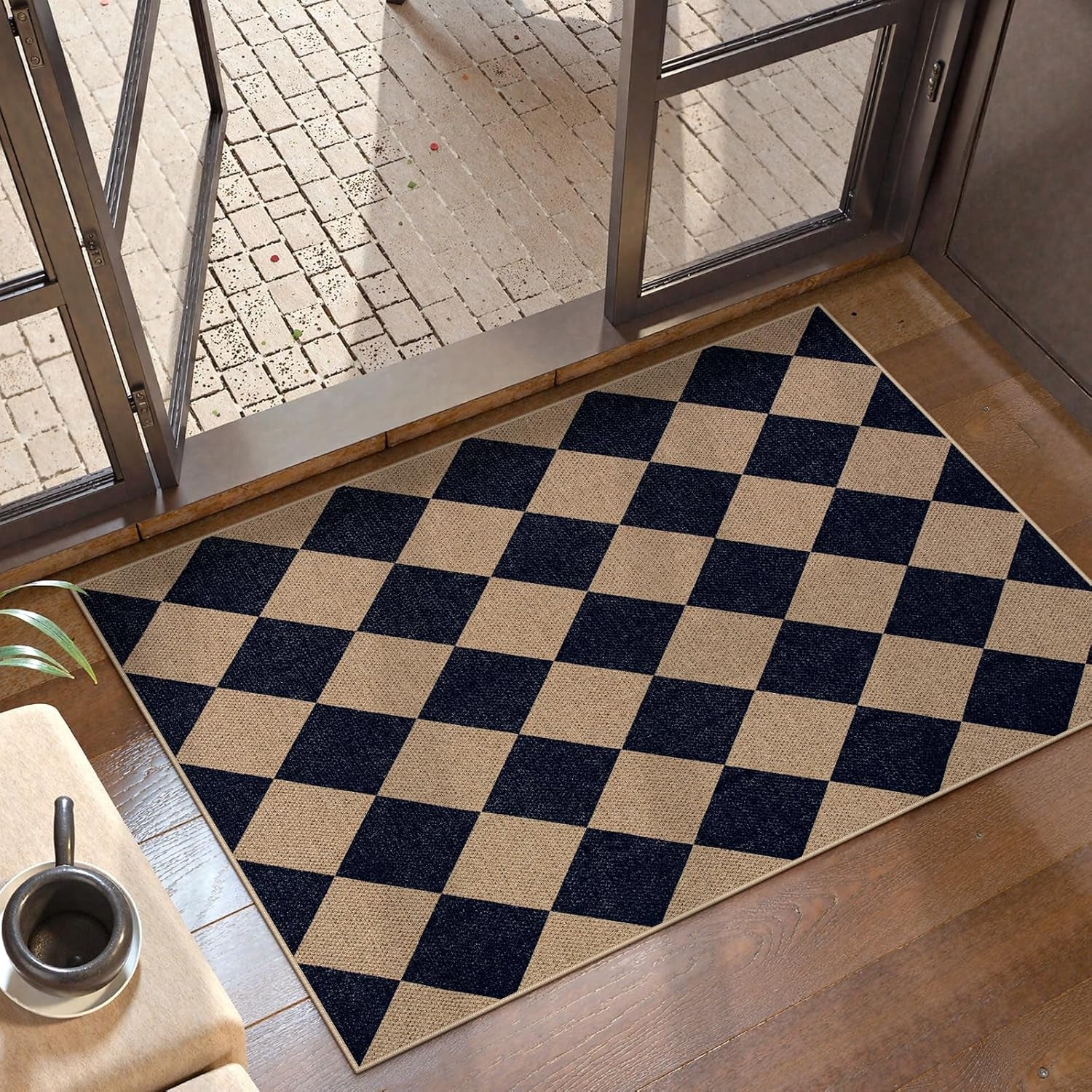 Checkered 2x6 Runner Rug - Washable Black Checkerboard Kitchen Mat, Non-Slip Indoor Outdoor Hallway Carpet, Low Pile Entryway Rug for Laundry & Mudroom