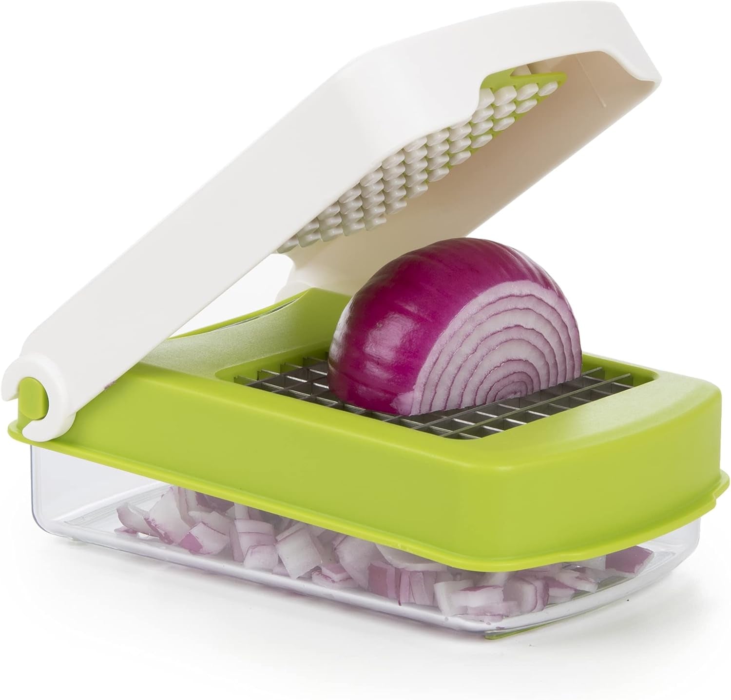 PrepWorks Compact Veggie Chopper - Manual Vegetable Dicer with Stainless Steel Blades, 2-Cup Measuring Container & Non-Skid Base, BPA-Free Kitchen Slicer, Green