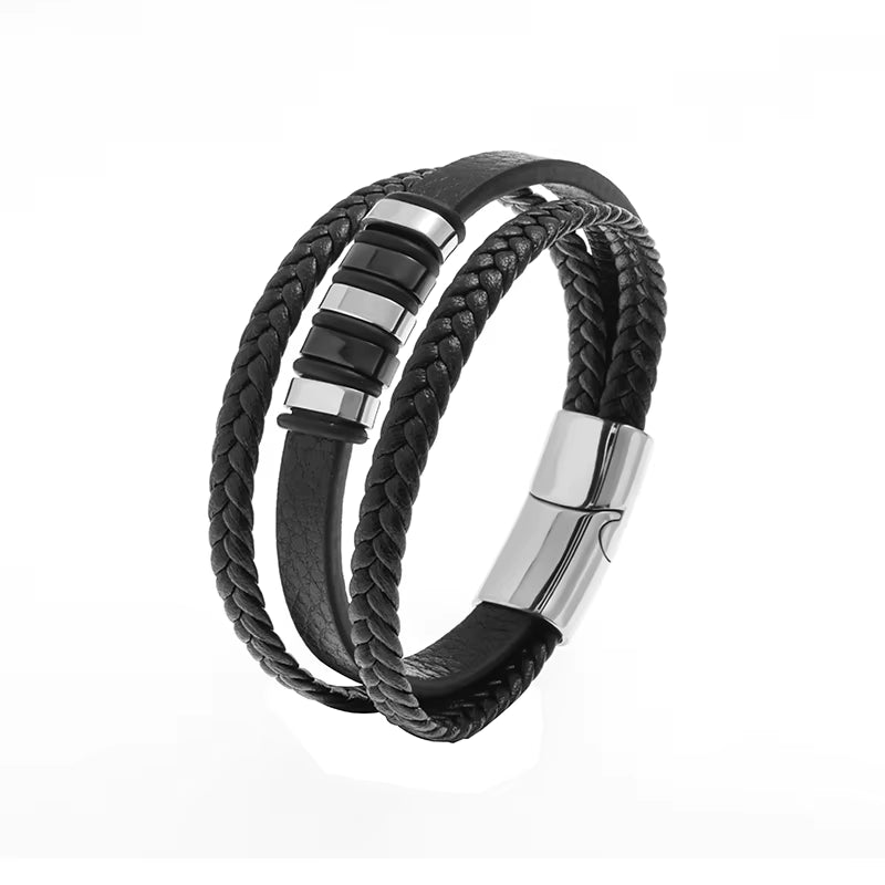 Men’s Classic Multilayer Leather Bracelet – Stylish Braided Wristband with Metal Magnetic Clasp | Fashion Accessory & Gift for Modern Gentlemen