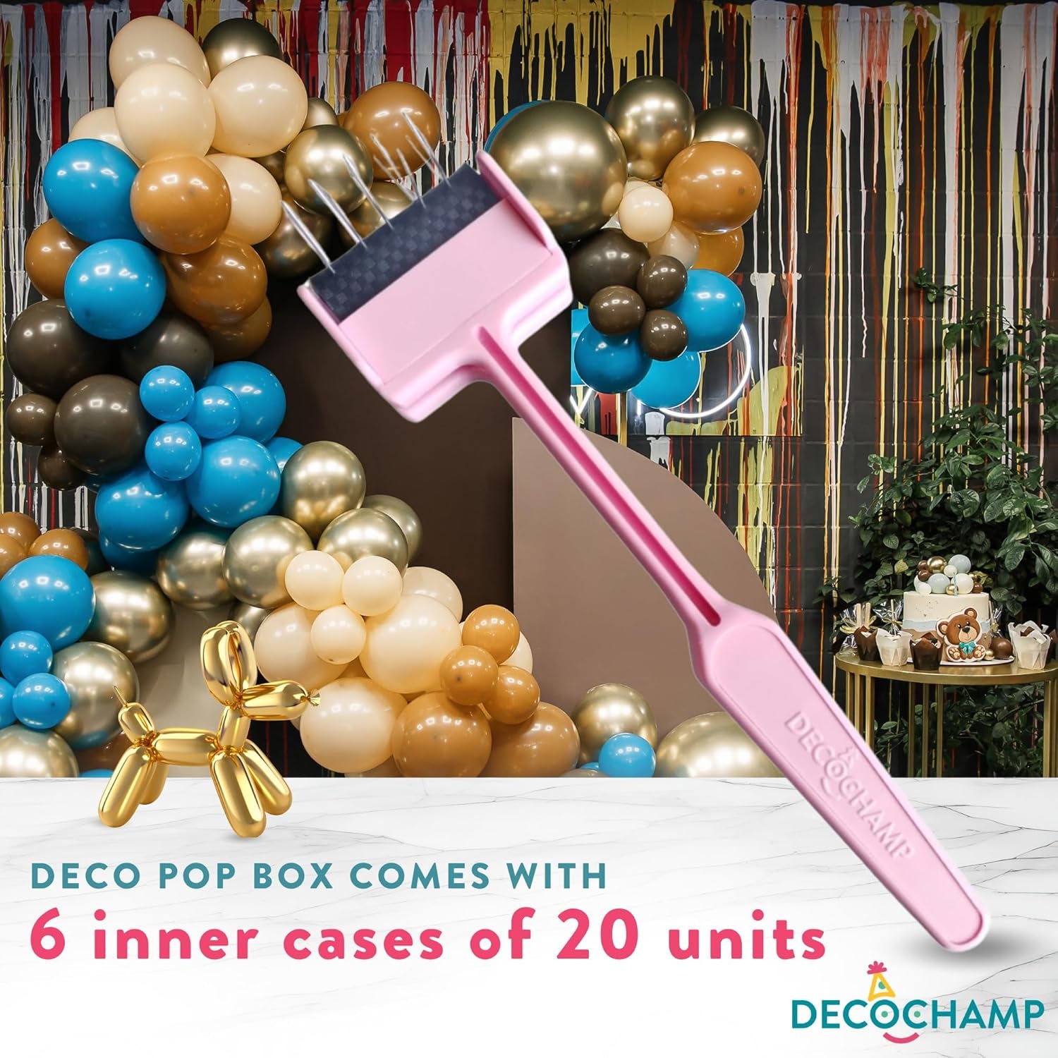 DECO POP Balloon Popper - Professional Decorator Striker Tool with 25 Steel Pins, Pink Whisper Party Supply Kit for Fast & Easy Event Cleanup & Balloon Games